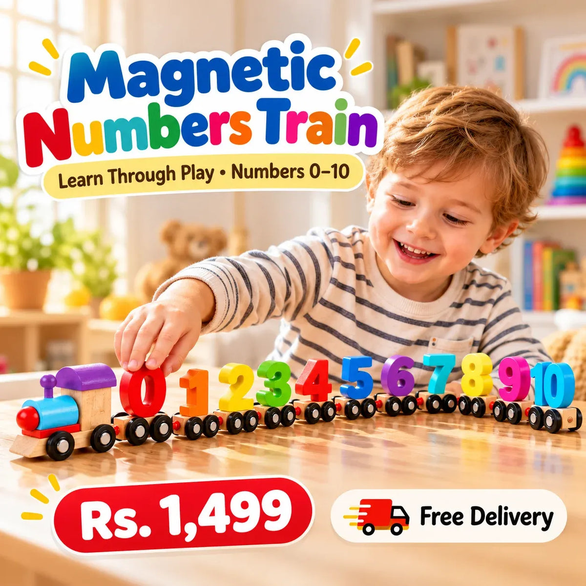 Magnetic Numbers Train 0โ10 | Wooden Counting Toy for Kids