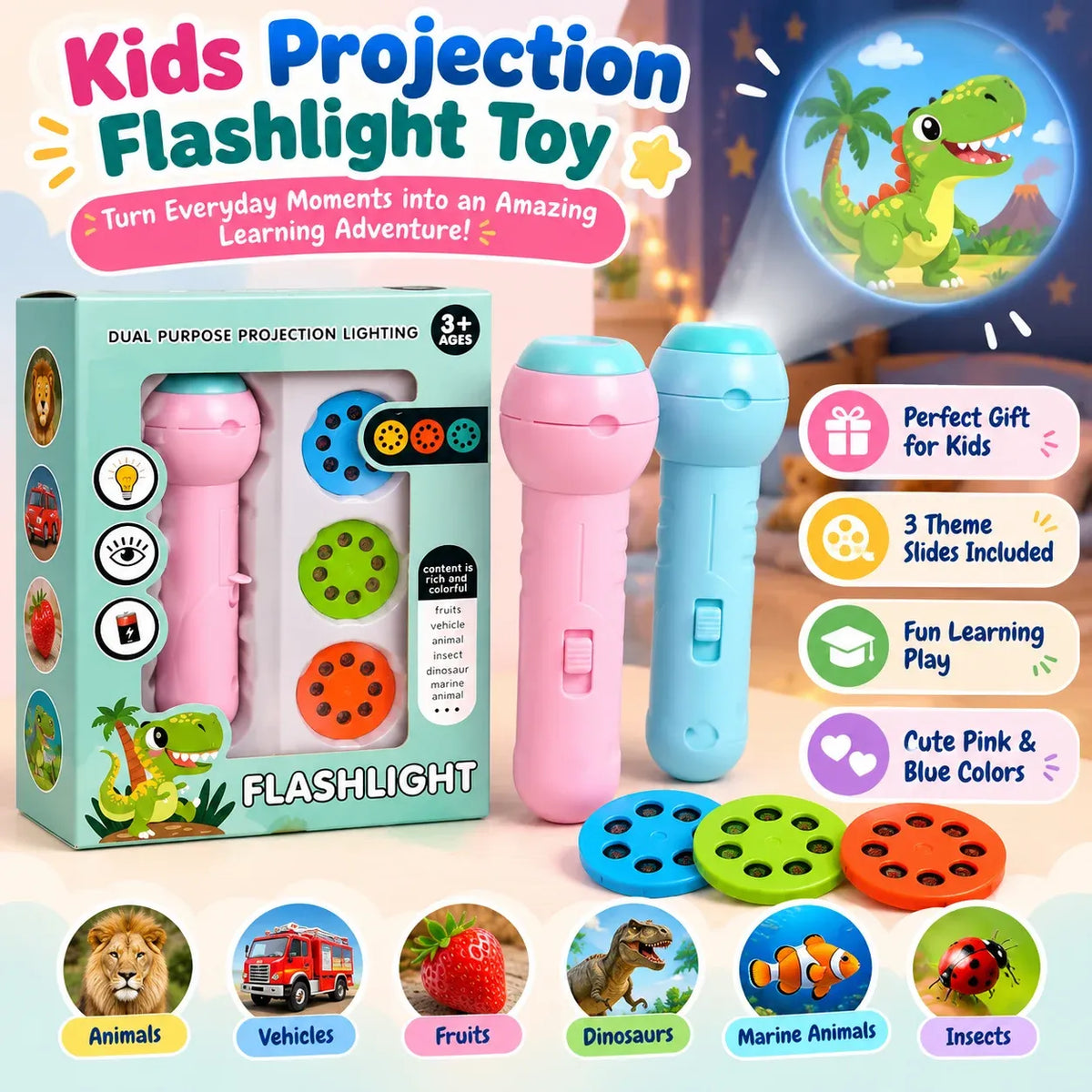 Kids Magic Projection Flashlight β Learn & Explore with 3 Picture Discs