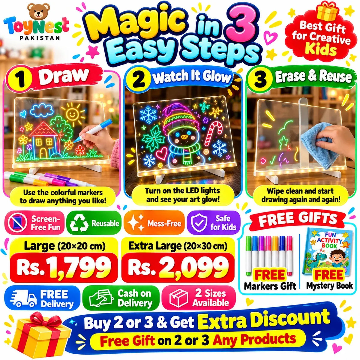 Magic Glow LED Drawing Board With Free Markers & Mystery Book