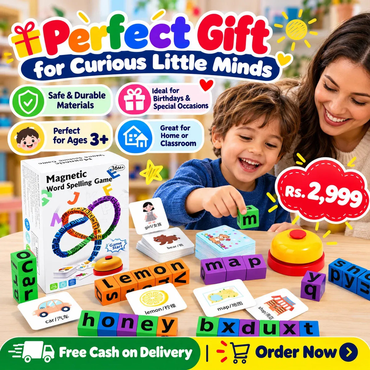 Montessori Magnetic Word Spelling Game for Kids β Alphabet Blocks, Flash Cards & Bell