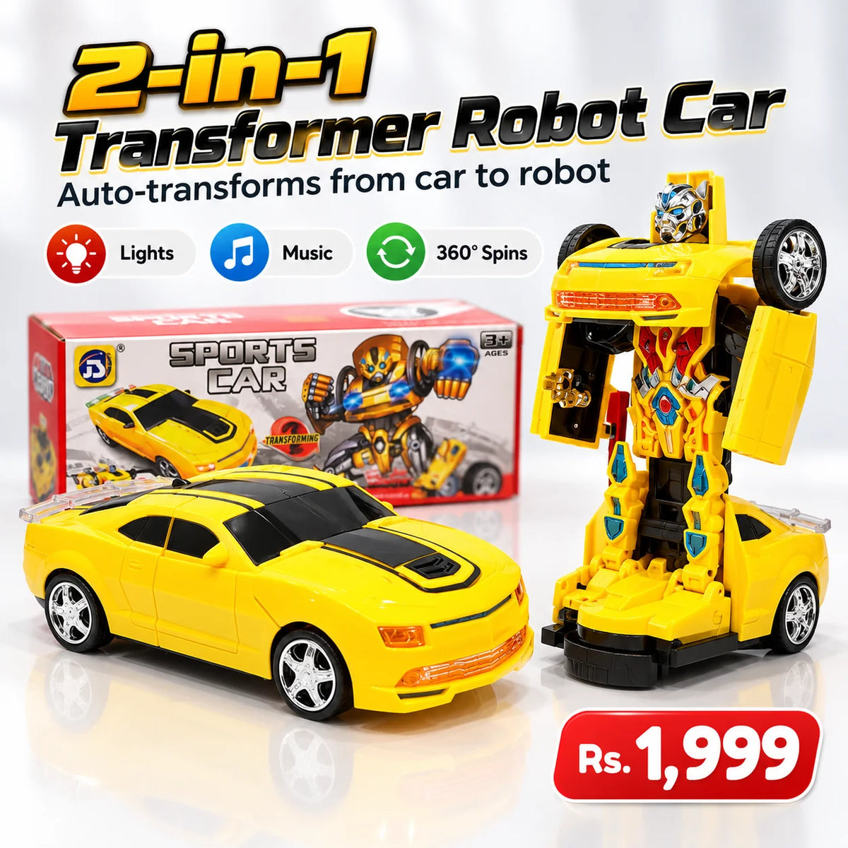 2-in-1 Transformer Robot Car | Lights, Music & 360° Spins