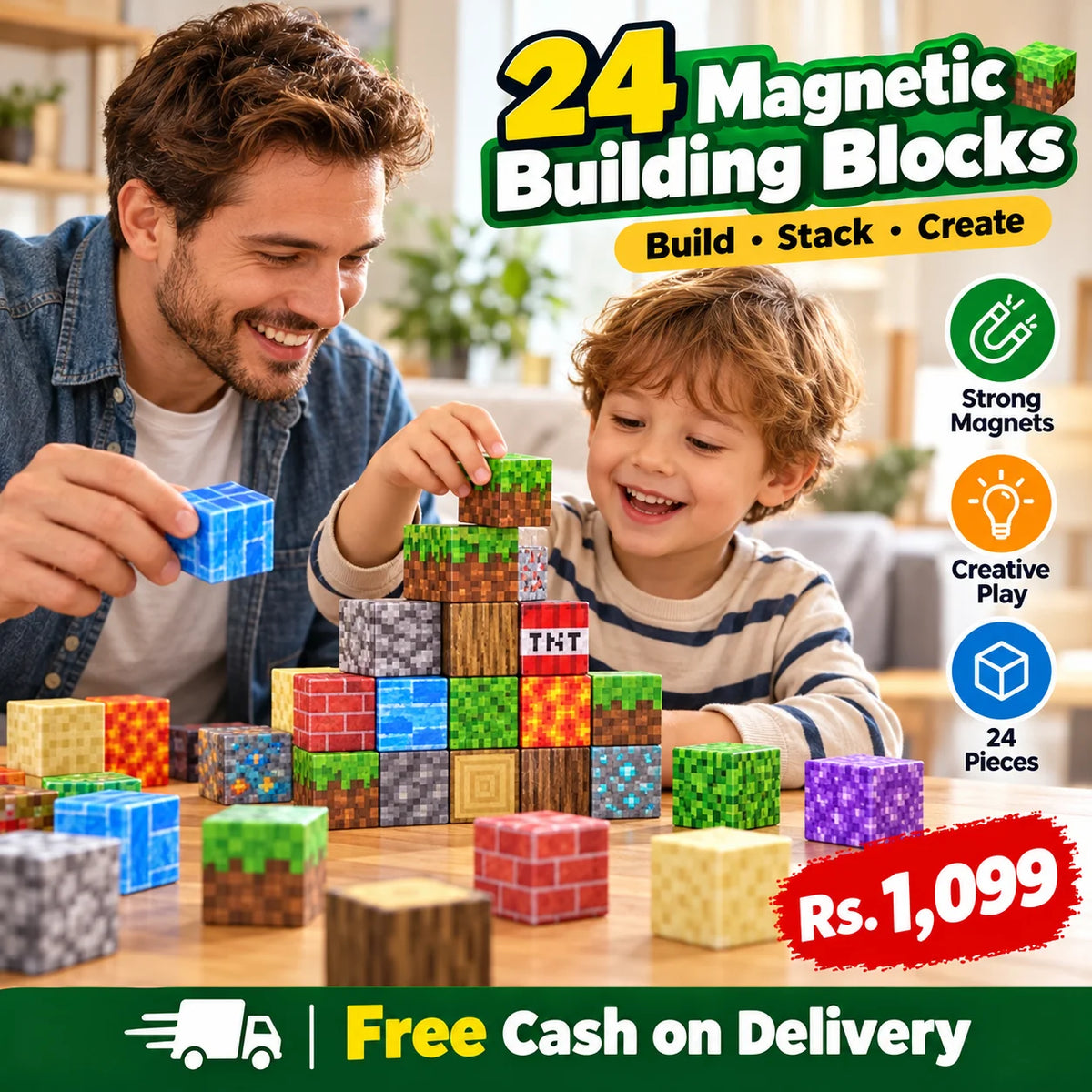24-Piece Magnetic MINECRAFT Building Blocks for Kids FREE DELIVERY