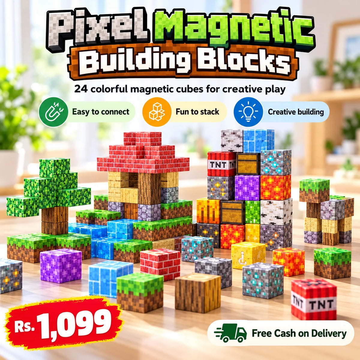 24-Piece Magnetic MINECRAFT Building Blocks for Kids FREE DELIVERY