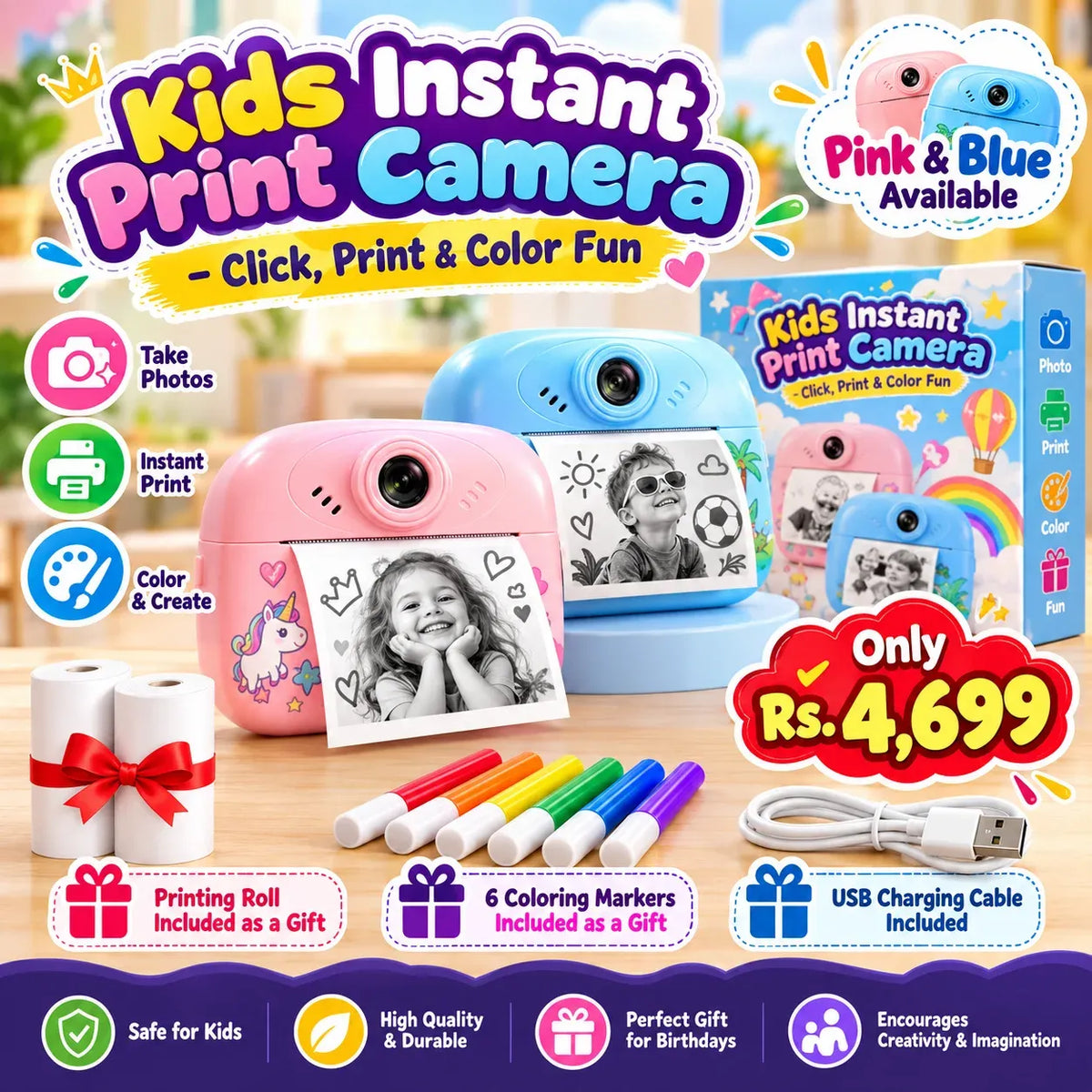 Kids Instant Print Camera – Click, Print & Color Fun With FREE MARKERS