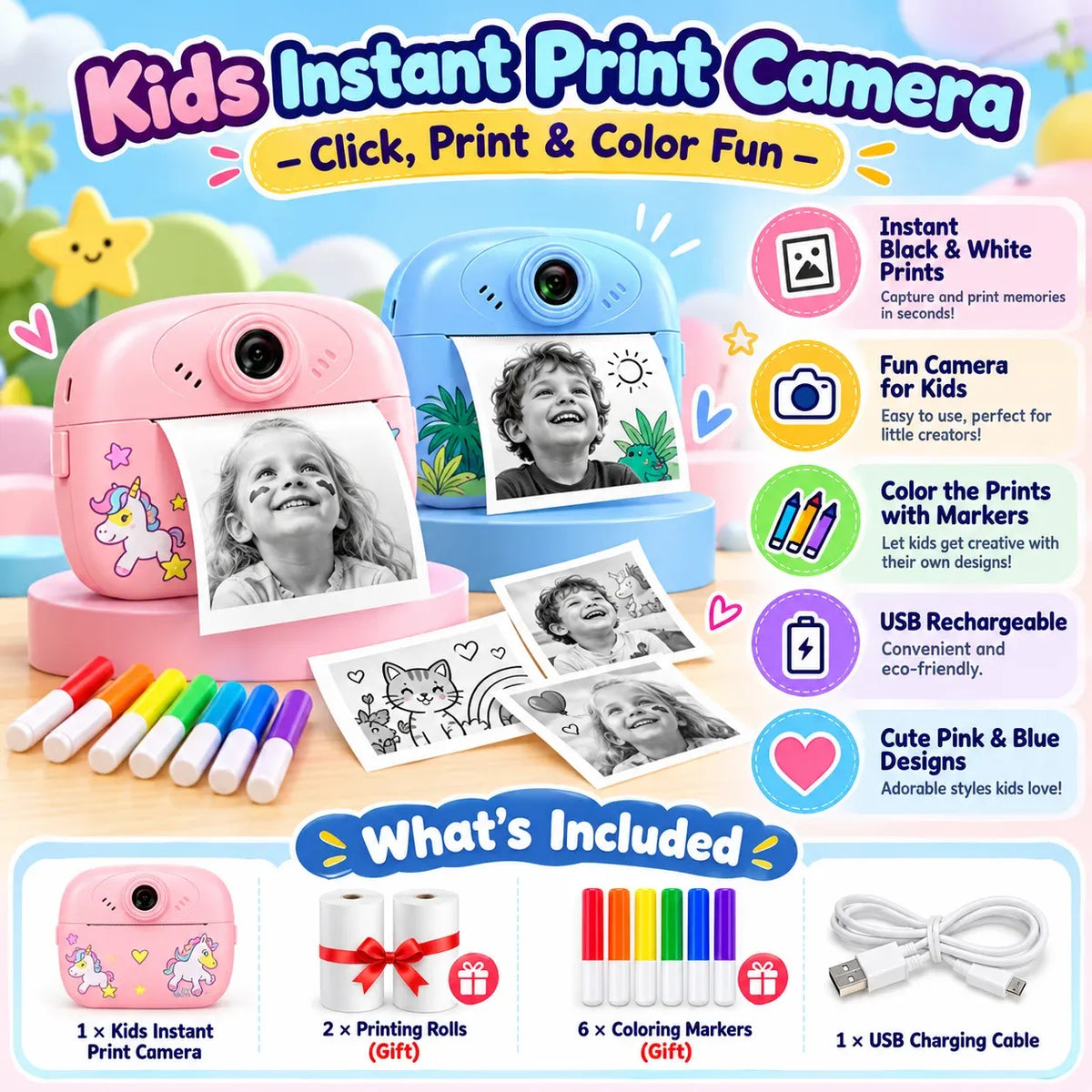 Kids Instant Print Camera – Click, Print & Color Fun With FREE MARKERS