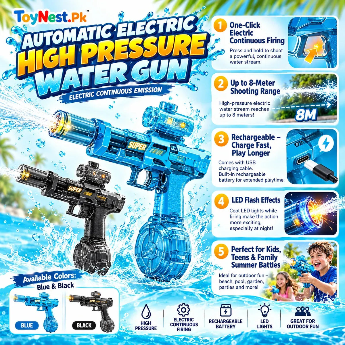 Automatic Electric Water Gun for Kids – Rechargeable High-Pressure Water Blaster