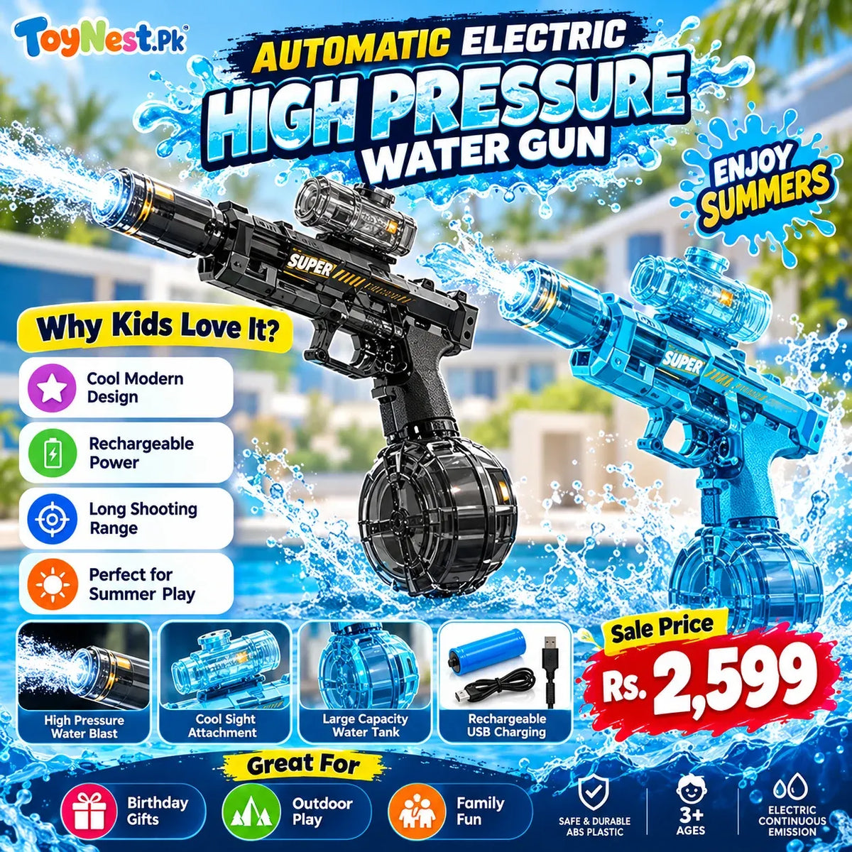 Automatic Electric Water Gun for Kids – Rechargeable High-Pressure Water Blaster