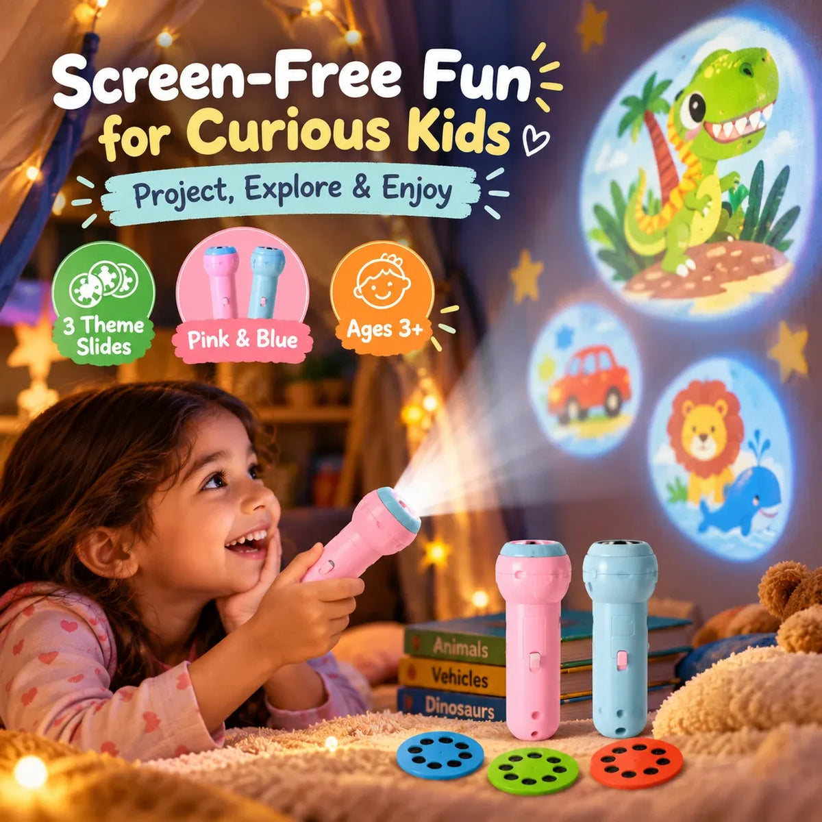 Kids Magic Projection Flashlight – Learn & Explore with 3 Picture Discs