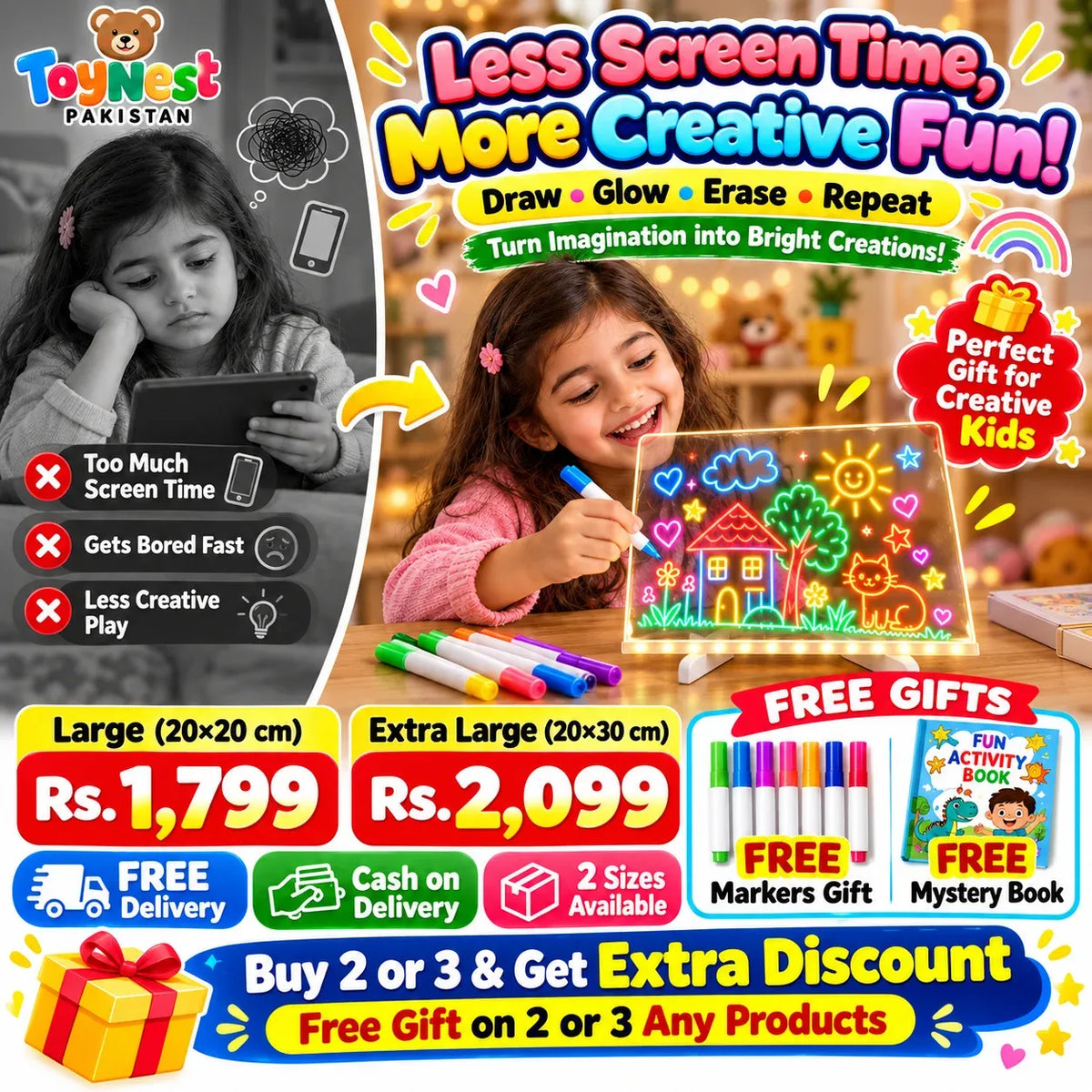 Magic Glow LED Drawing Board With Free Markers & Mystery Book