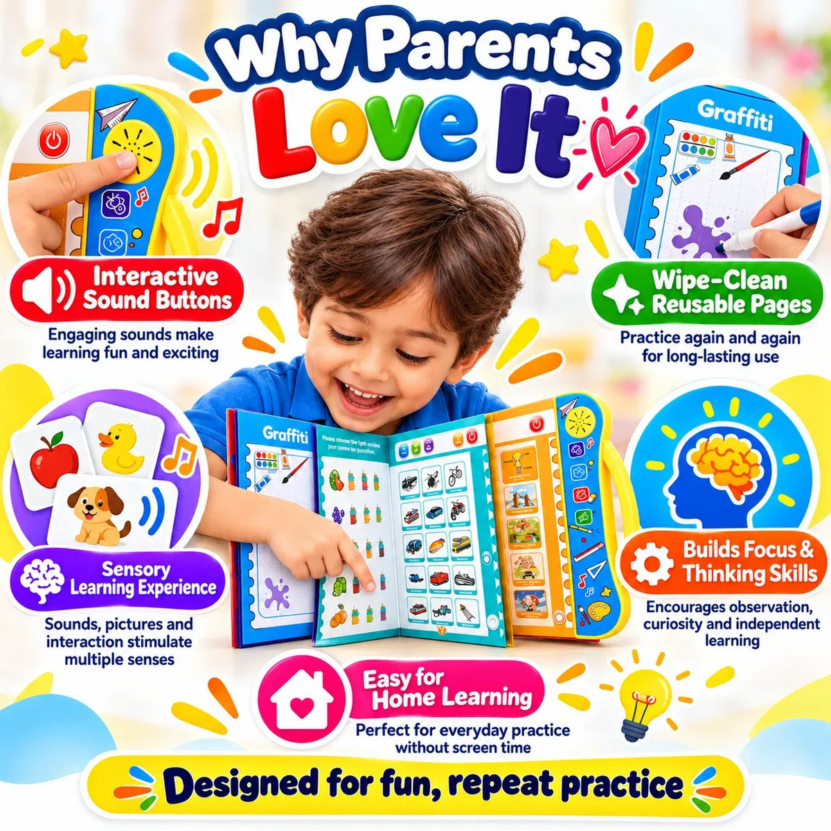 Interactive Talking Study Book for Kids I Learn ABCs, Numbers & Sounds I Educational Sound & Learning Activity Book