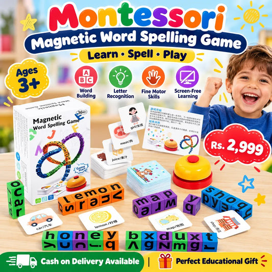 Montessori Magnetic Word Spelling Game for Kids – Alphabet Blocks, Flash Cards & Bell
