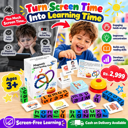 Montessori Magnetic Word Spelling Game for Kids – Alphabet Blocks, Flash Cards & Bell