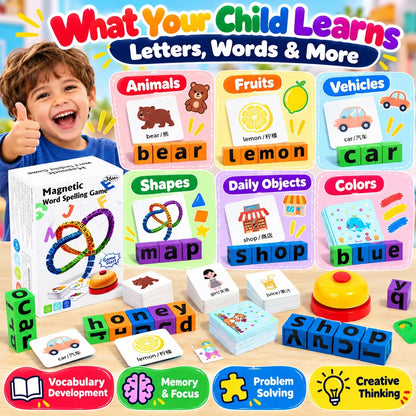 Montessori Magnetic Word Spelling Game for Kids – Alphabet Blocks, Flash Cards & Bell