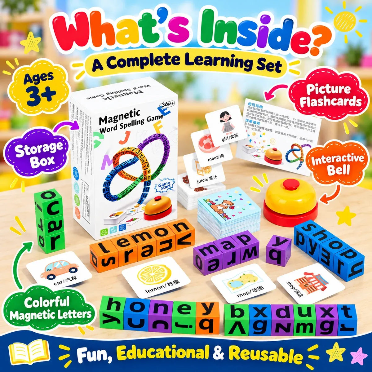 Montessori Magnetic Word Spelling Game for Kids – Alphabet Blocks, Flash Cards & Bell