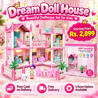 Dream Doll House for Kids – Pink Dollhouse with Mini Furniture | 2 to 11 Rooms