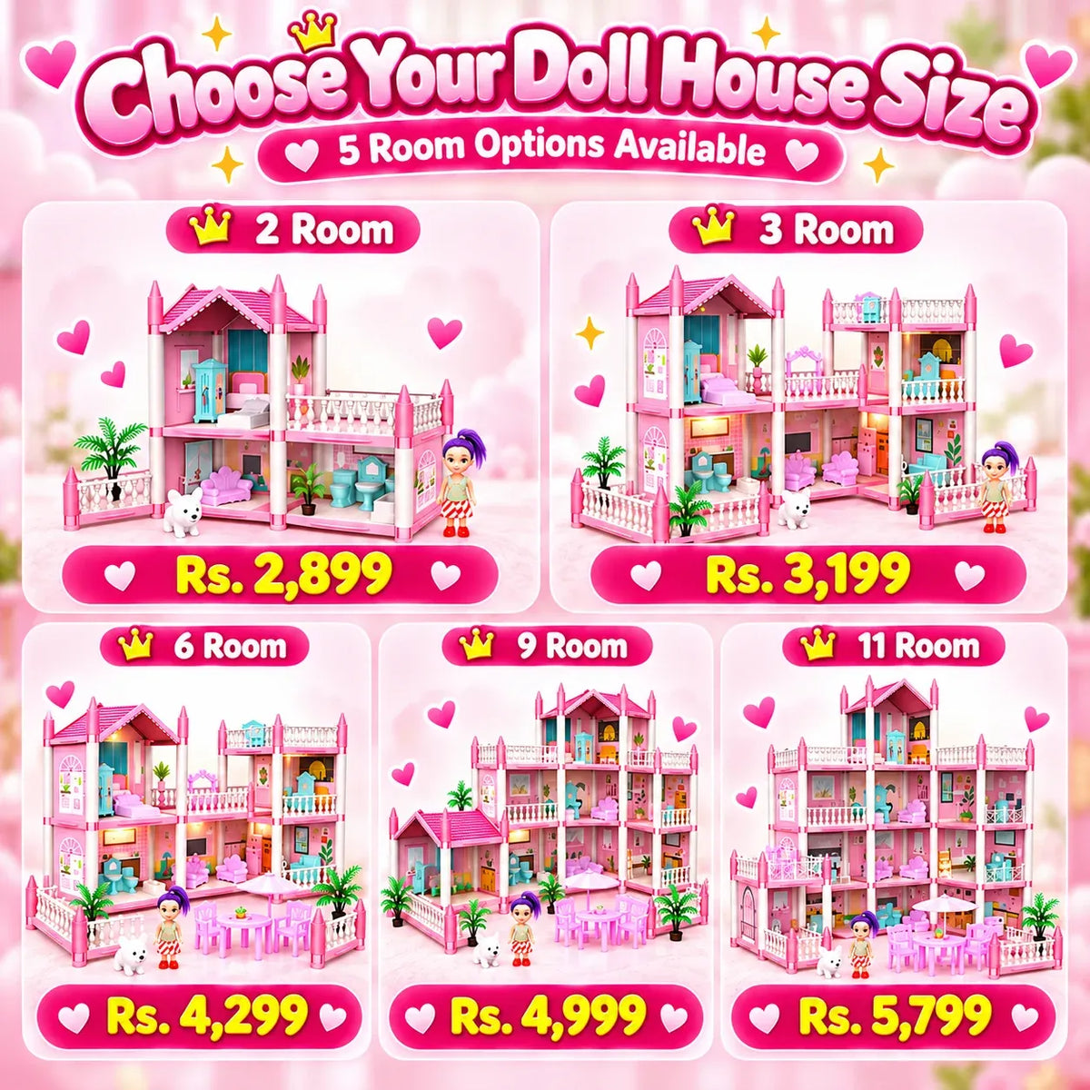 Dream Doll House for Kids – Pink Dollhouse with Mini Furniture | 2 to 11 Rooms