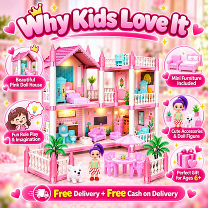 Dream Doll House for Kids – Pink Dollhouse with Mini Furniture | 2 to 11 Rooms