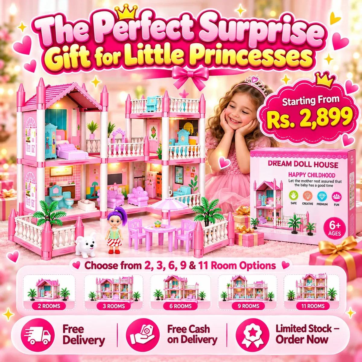 Dream Doll House for Kids – Pink Dollhouse with Mini Furniture | 2 to 11 Rooms