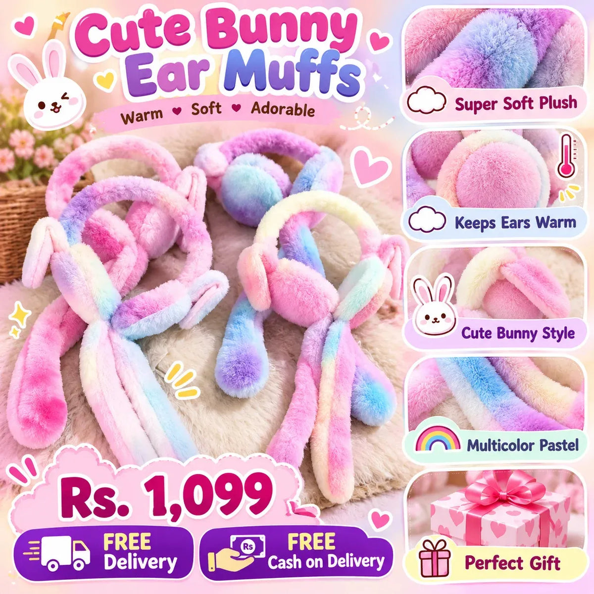 Cute Bunny Ear Muffs for Kids – Soft Multicolor Winter Ear Warmers