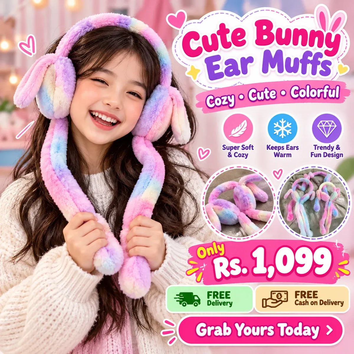 Cute Bunny Ear Muffs for Kids – Soft Multicolor Winter Ear Warmers