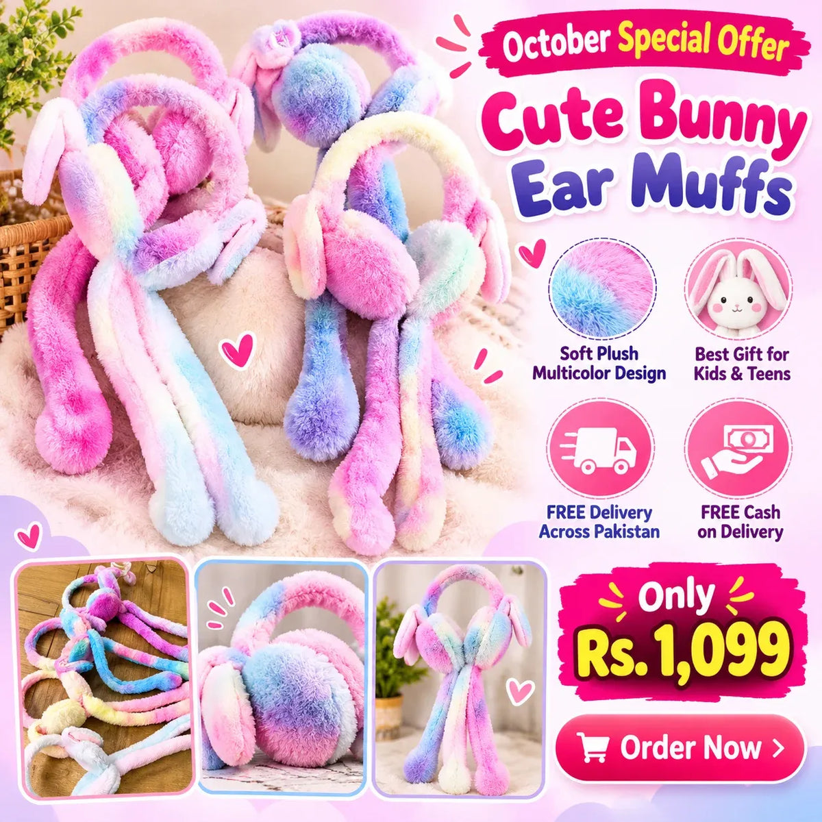Cute Bunny Ear Muffs for Kids – Soft Multicolor Winter Ear Warmers