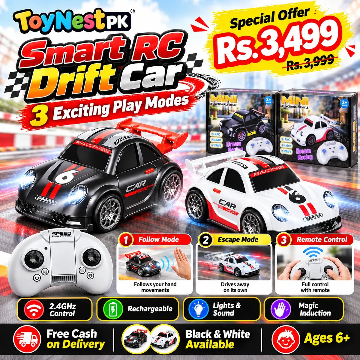 Smart RC Drift Car – 3-in-1 Follow & Escape Modes | Free Delivery