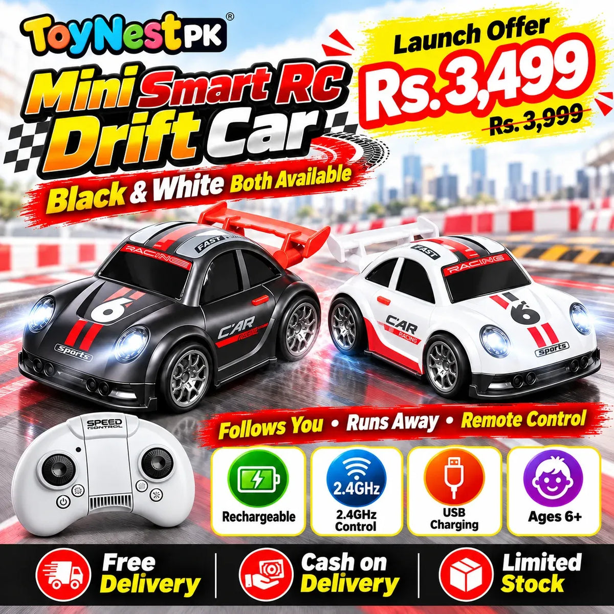 Smart RC Drift Car – 3-in-1 Follow & Escape Modes | Free Delivery